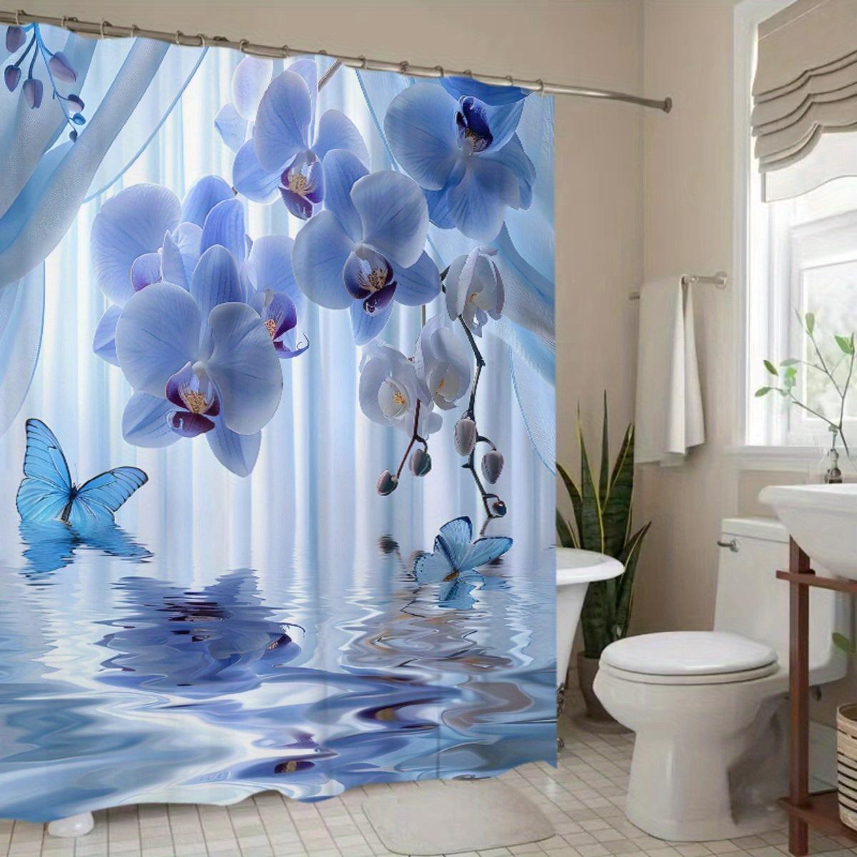 

1pc Blue Butterfly and Orchid Polyester Shower Curtain, Home Decor Print Curtain, No Drilling Required, Bathroom Partition 90x180cm