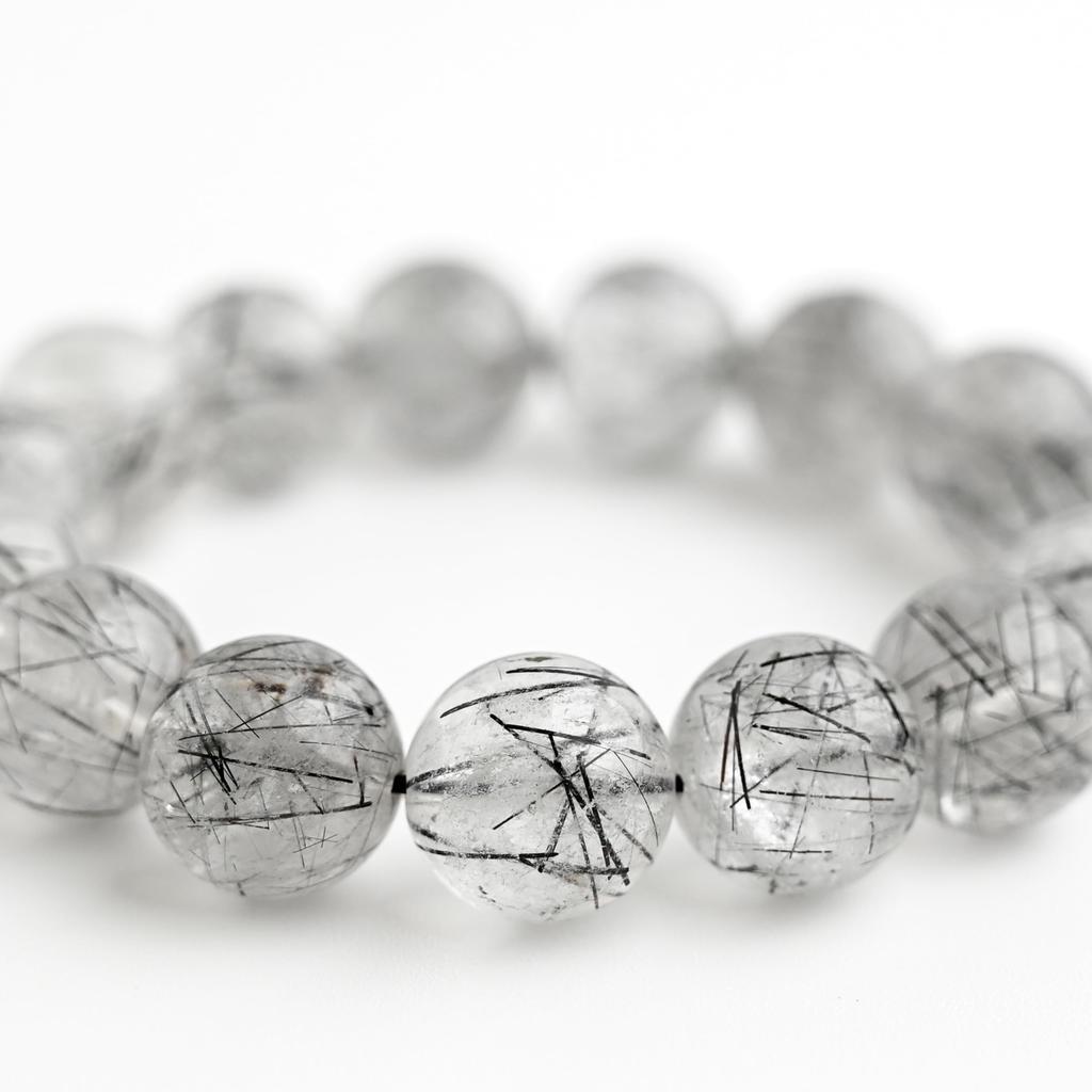 Black Rutilated Quartz Bracelet Tourmaline in 14mm 17cm Wrist Limited Natural Power Prayer Good Luck Feng Shui [Eigado] (Black Quartz) Stone, Size,