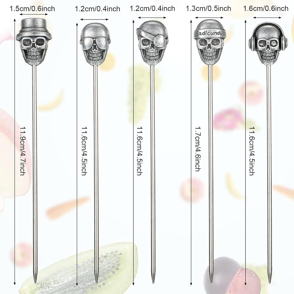 Patelai 5 Pieces Cocktail Picks Skull Stainless Steel Fruit Sticks Reble Toothpicks for Cocktail Halloween