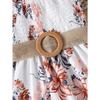 White Waist-Cinching Print Short-Sleeve Round-Neck Casual Dress for Girls