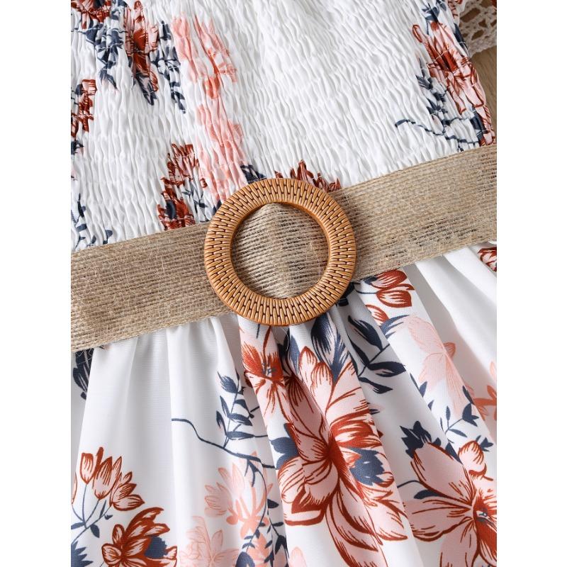 White Waist-Cinching Print Short-Sleeve Round-Neck Casual Dress for Girls