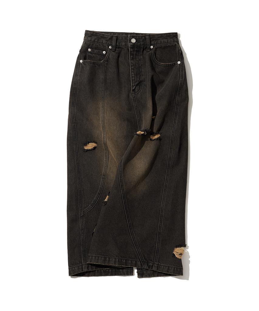 1993 Studio Damaged Washed Denim Long Skirt_Black
