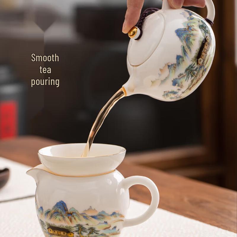 Gold-Inlaid Jade Ink Rhyme Landscape Ceramic Kung Fu Tea Set