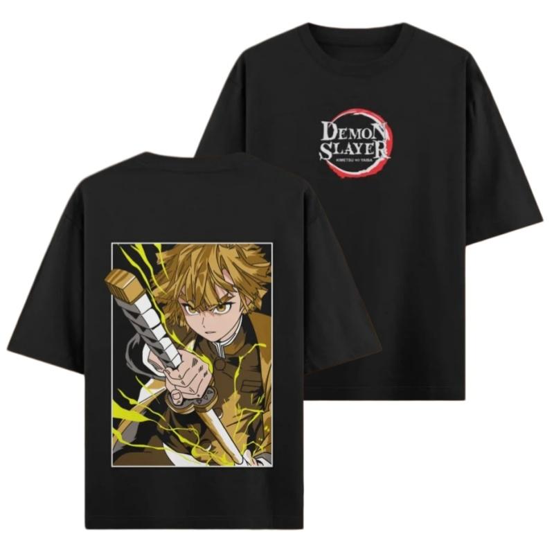 Demon Slayer Zenitsu Agatsuma Oversized TShirt Men Thunder Breathing Graphic Print Black Cotton Tees Anime Streetwear Tops S