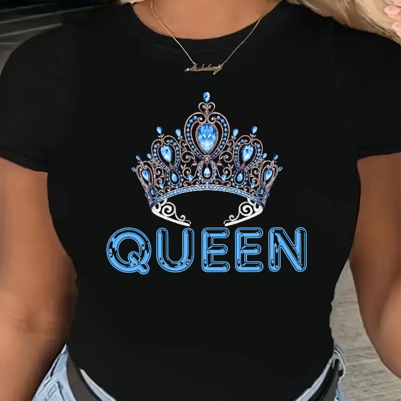 Queen Crown Graphic Print T-Shirt - Women's Casual Round Neck Short Sleeve Fashion Top, Comfortable Fit for Spring and Summer