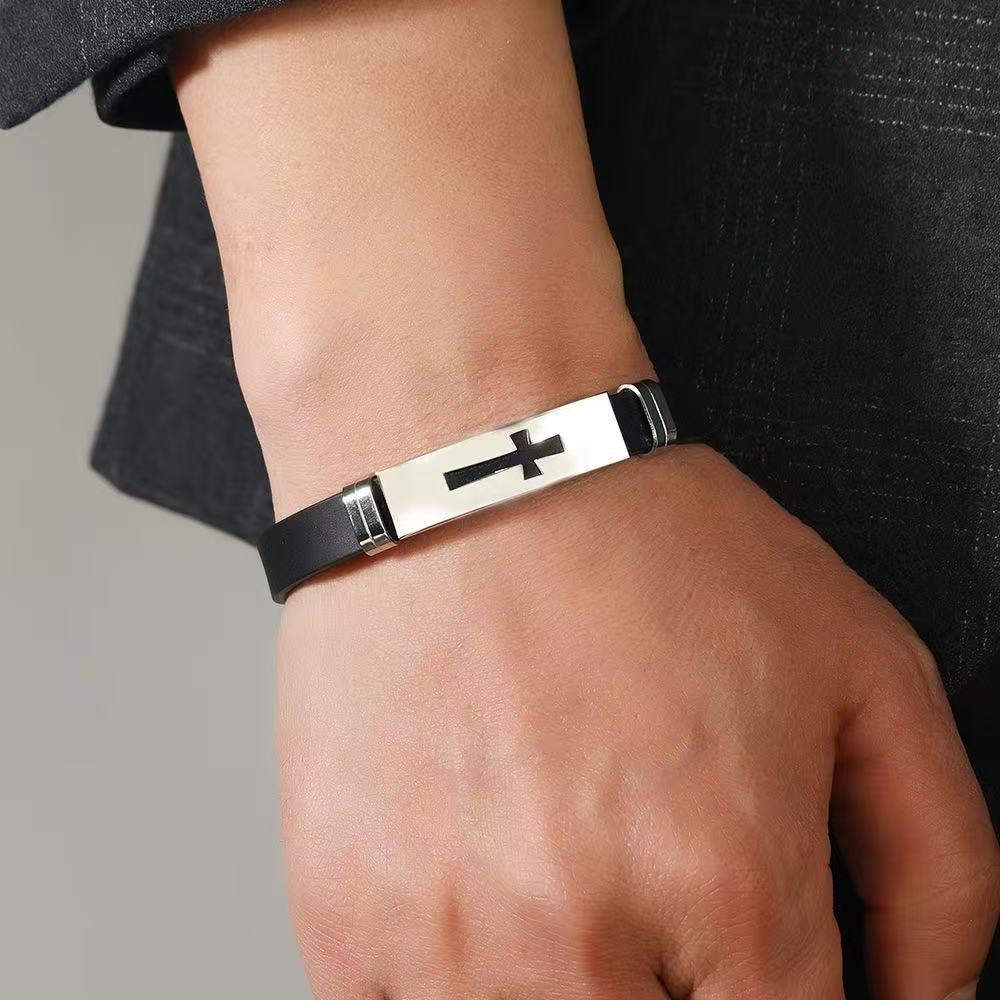 Men's Fashionable PU Leather Cross Bracelet with Stainless Steel Ornament
