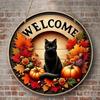 Autumn Round Welcome Sign, Black Cat & Fall Harvest Elements (Pumpkins, Maple Leaves), Wooden Hanging Wall Decor for Home Porch
