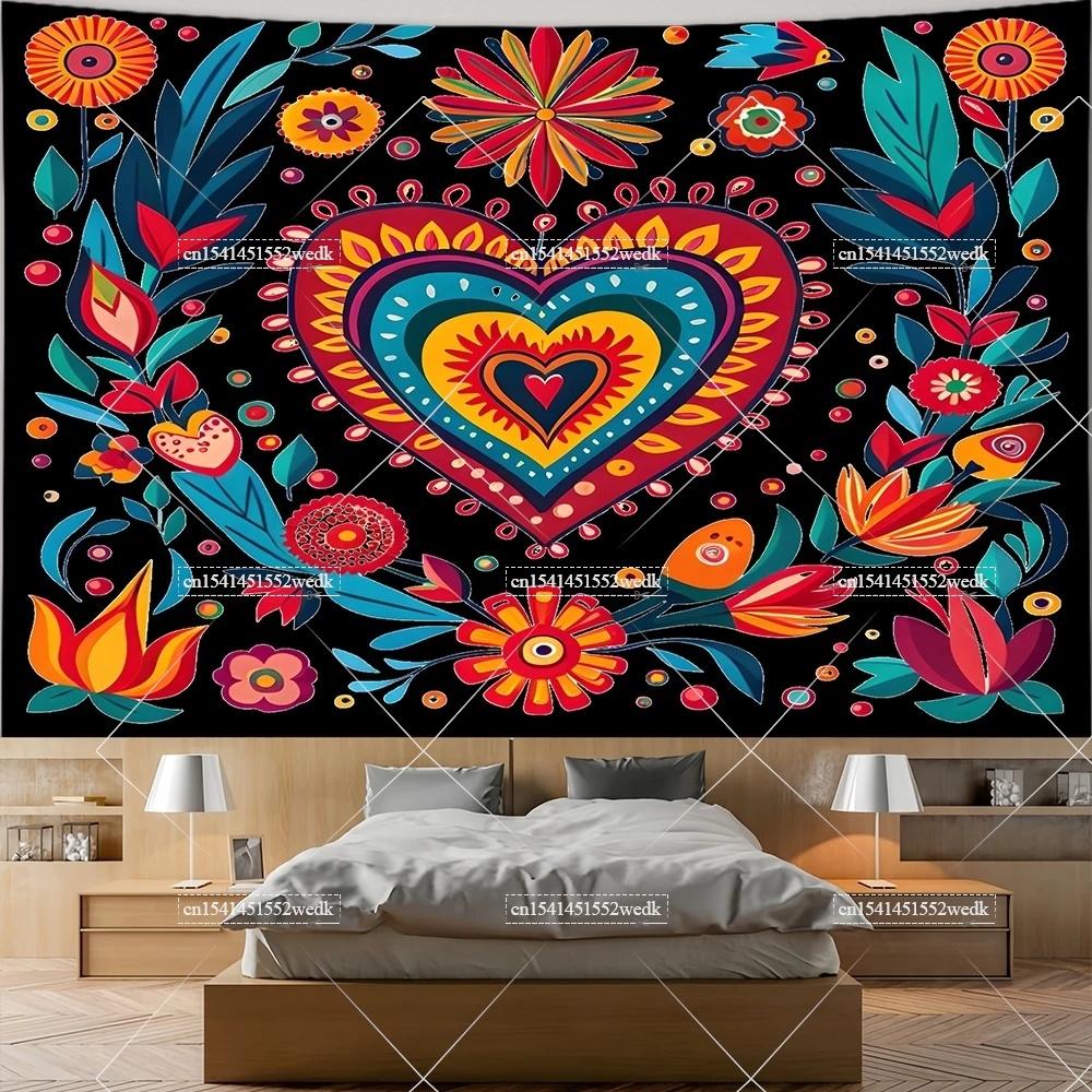 Mexiko Blumenteppich Mexikanische Pflanze Blumen Stickerei Ethnisch Otomi Vögel Wandteppiche Ästhetische Raumdeko Illustrationen Hintergrund