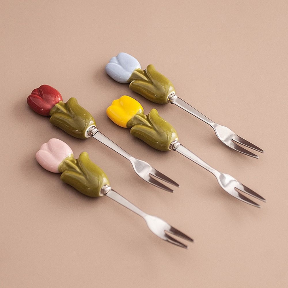 Tulip Shape Fruit Forks Set Ins Style Ceramic Jar Stainless Steel Fork Household Decorative Dessert Forks with Storage Jar