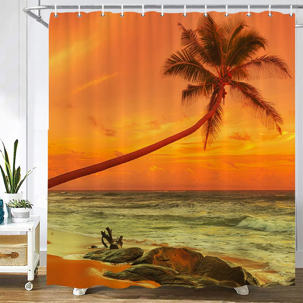 Sonnenlicht Ozean Strand Stoff Duschvorhang Badezimmer Vorhänge Sonnenuntergang Dämmerung Meer Große Größe 300x180cm Duschwand Mit 12 Haken