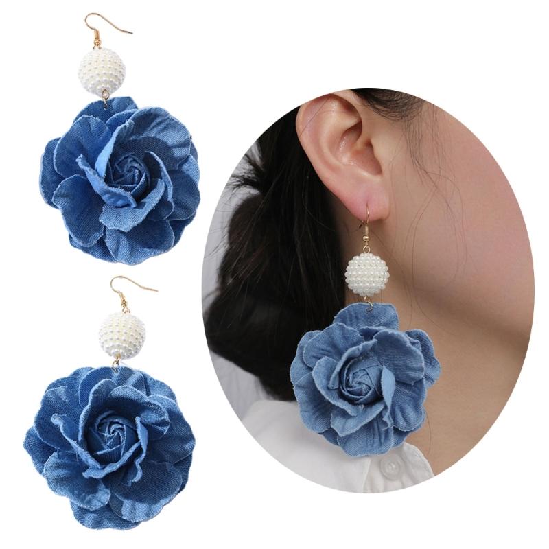 Floral Drop Earrings Lightweight Camellia Earrings Allergy Free Blue Flower Ear Pendants Handmade Denims Ornament