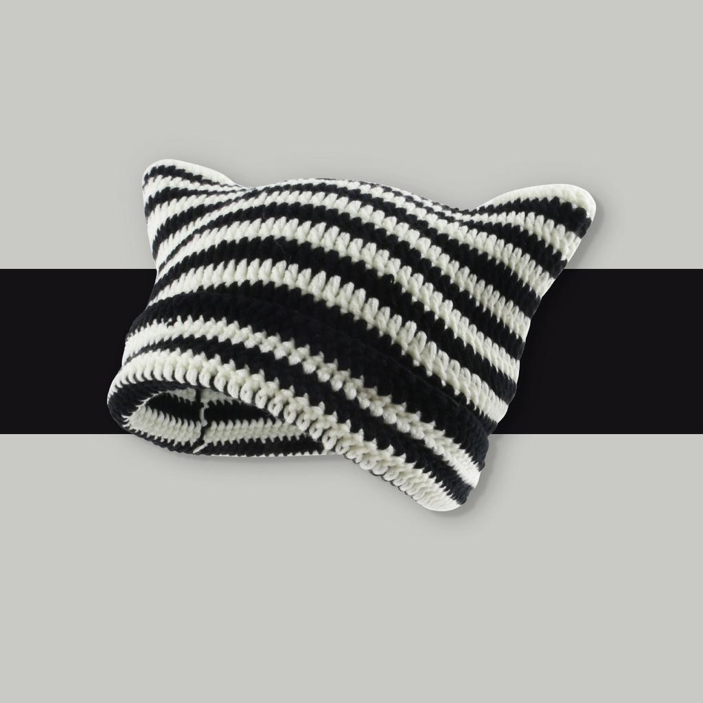 Women's Beanie Hat Ins Little Devil Colorful Striped Knitted Wool Cap Autumn and Winter Crochet Cat Ears Pointed Pullover Hats