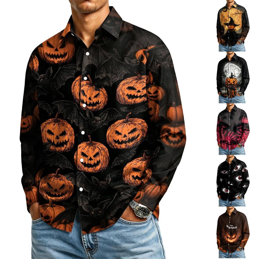 Men's Long Sleeve Button Down Shirt with Halloween Print for Costume Party
