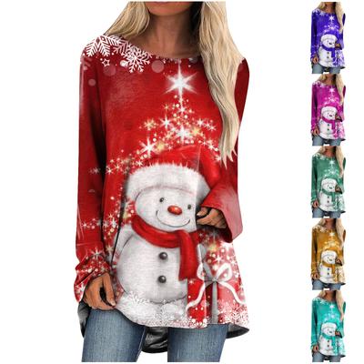 Women's Fashion Casual Christmas Printing T-shirt Long Sleeve Round Neck Mid Length Top