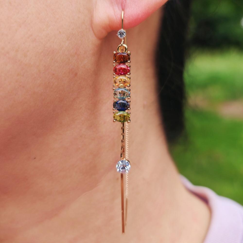 1Pair Fashion Colored Long Rectangle Tassel Cubic Zirconia Ear Line Long Hanging Drop Earrings for Women Piercing Threader Earing Ear Jewelry