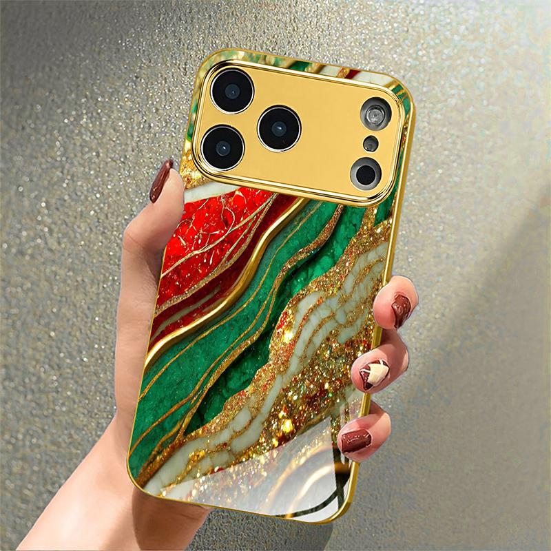 High End Gilded Pattern Gold Metallic Paint Glass Phone Case For iPhone 17 Pro Max 15 Plus 16 Pro 11 12 13 14 17 Air 16E Cover