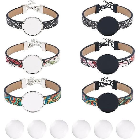 14 Pcs PU Leather Cord Bracelet Bezel Tray Blank Tray Bracelet Band Settings 26.5 mm Adjustable Round Tray Bracelet Kits with Glass Cabochons for DIY