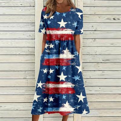 New Summer Women's Five-pointed Star Patriotic Style D Printing Short-sleeved Dress