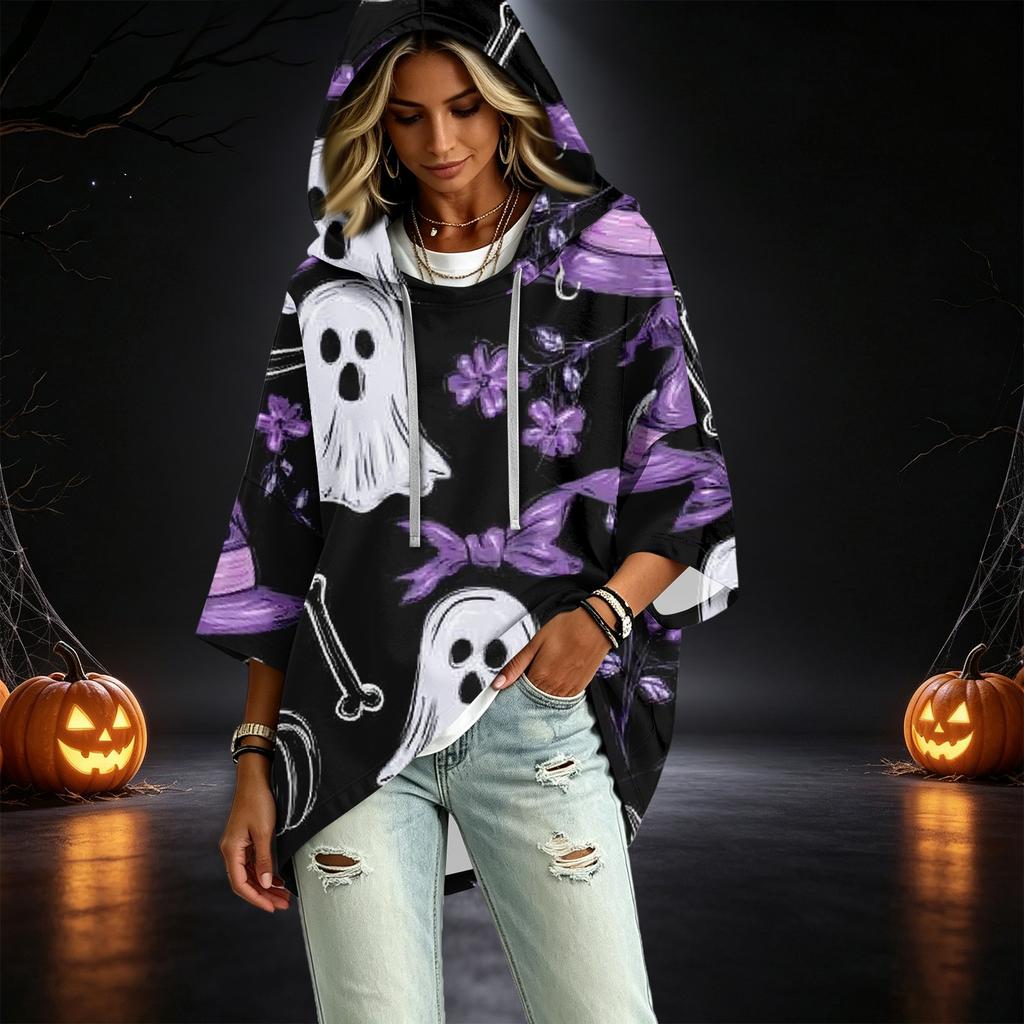 Women's Halloween Printed Hooded Pullover Top with 3/4 Sleeves for Casual Everyday Wear