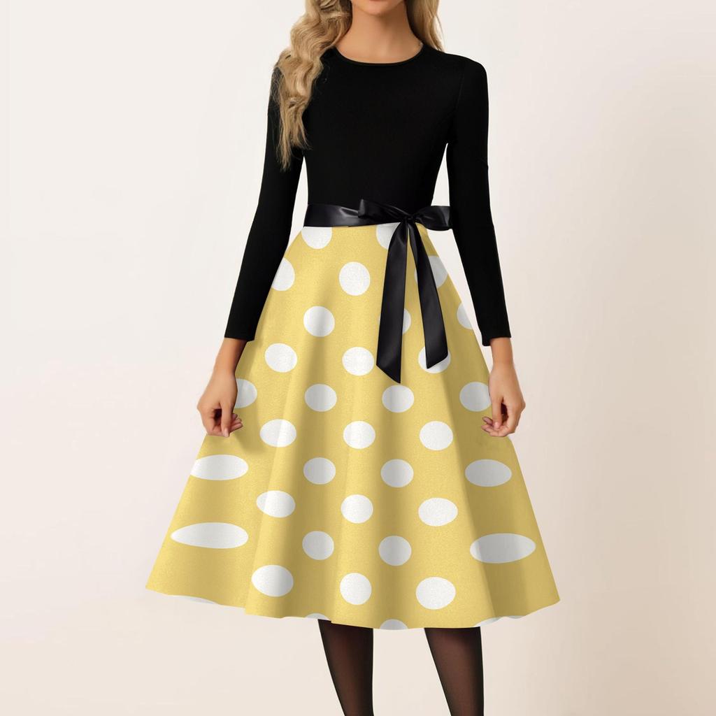 Women’s Casual Long Sleeve Crew Neck Polka Dot Print Vintage Midi Dress with Waist Belt for Everyday and Party Wear