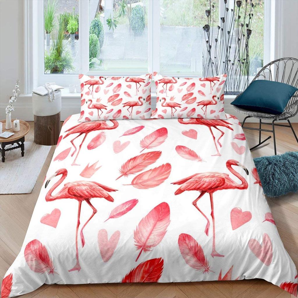 Red Flamingo Duvet Cover Set King Queen Size Polyester Comforter Cover Wild Animals For Kids Teens Animals Lovers Bedding Set