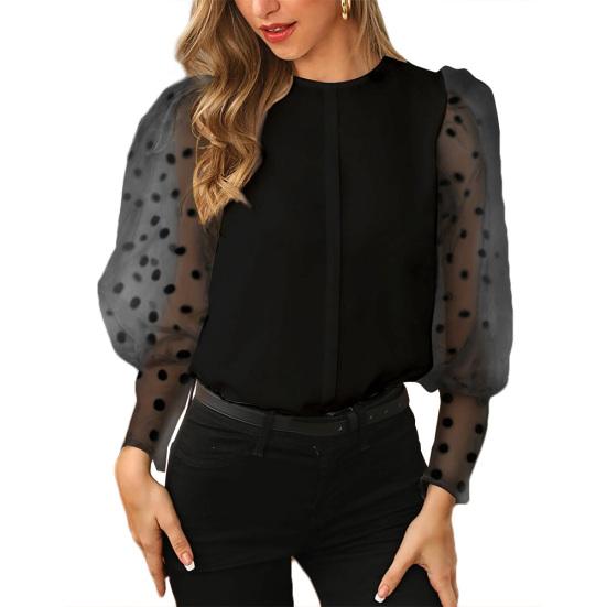Kvinner Casual Ensfarge Rundhals Dot Mesh Lang Puffermet skjorte Bluse Topp