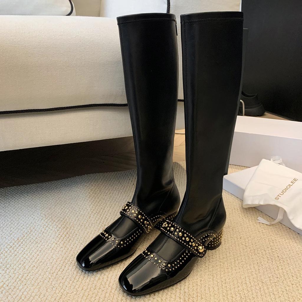 Spot Second Hair! Fashion Versatile New Square Head Rivet Rear Zipper Medium and High Elastic Boots Women's Thin Short Boots