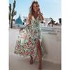 Fashion V Neck Sleeveless Floral Printed Chiffon A-line Dress Elegant Women Vacation Beach Casual Simple Split Party Long Dresses Female Clothing