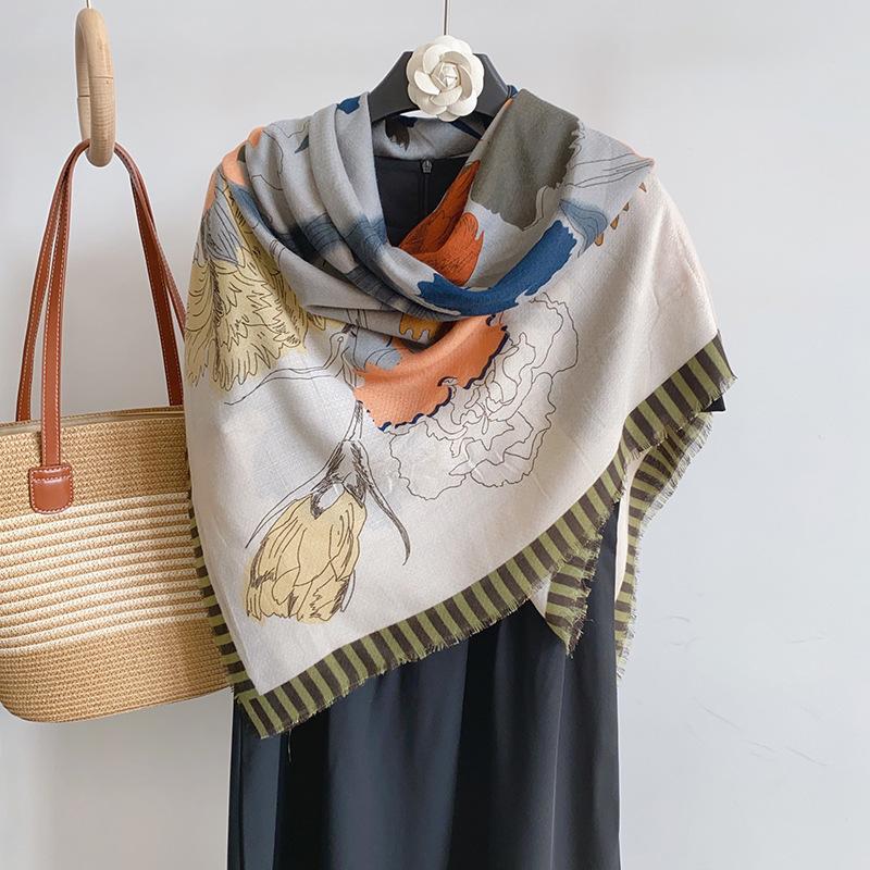 Literary Style Niche Plant Painting Pattern Square Scarf Fashion Trend Shawl Scarf