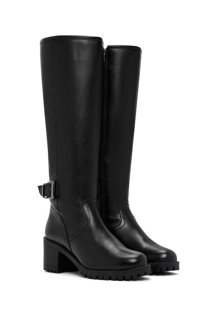 Women Modern Stylish Fashion Boots Boots Faux Leather Black Zipper Buckle Detailed Thick Heel Boots Wfe