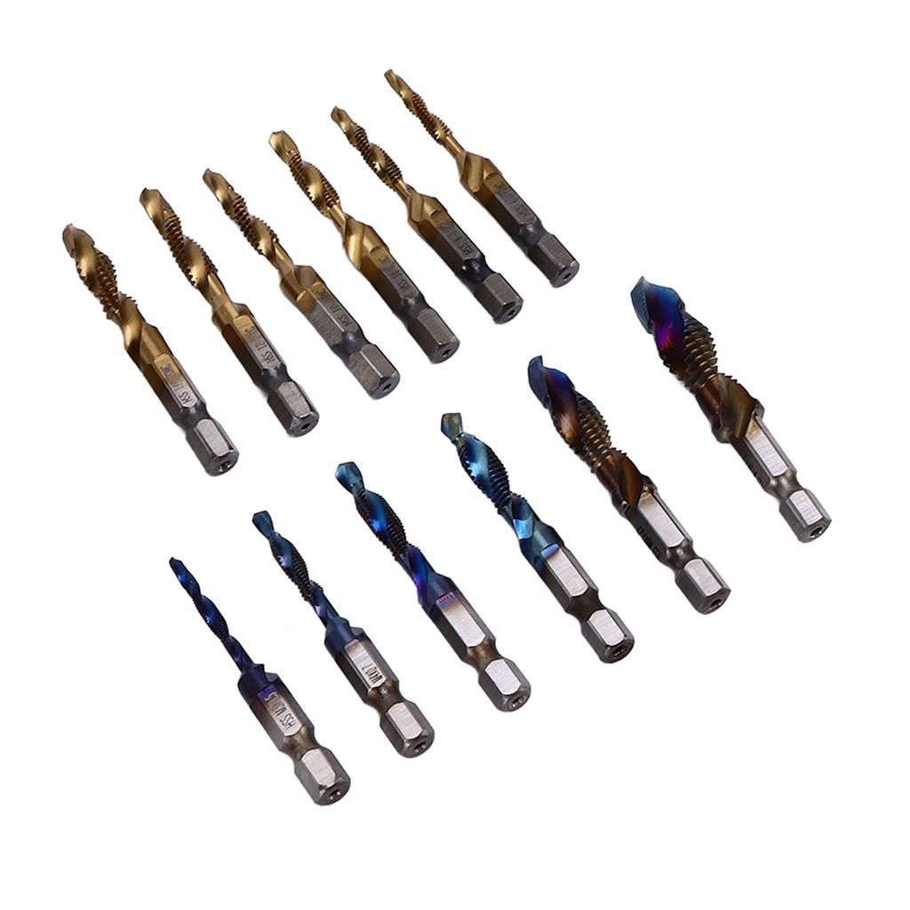 12Pcs Combined Tap Drill Bit Set HSS Metric Blue Plating Imperial Ti Plated 14in Hex Shank