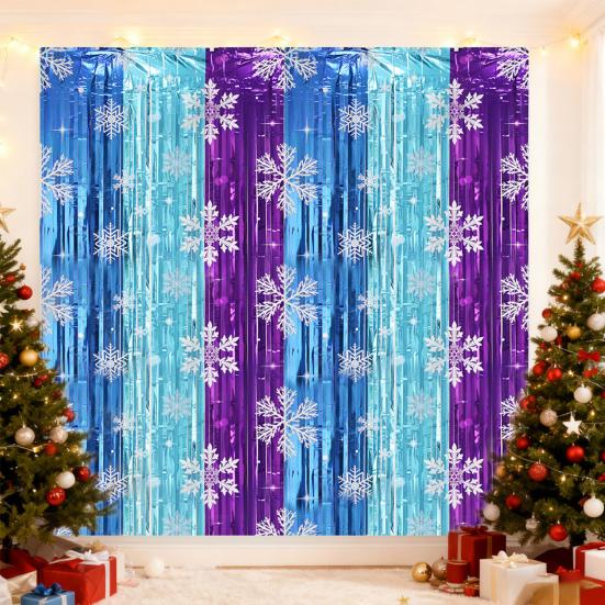 Snowflake Foil Fringe Curtains Metallic Silver Blue Snowflake Tinsel Streamer Photo Backdrop for Christmas Winter Wonderland Freeze Party Decoration