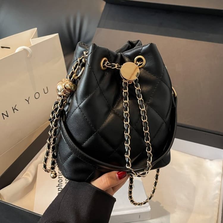 Rhombus Drawstring Through Leather Gold Chain Mini Bucket Bag