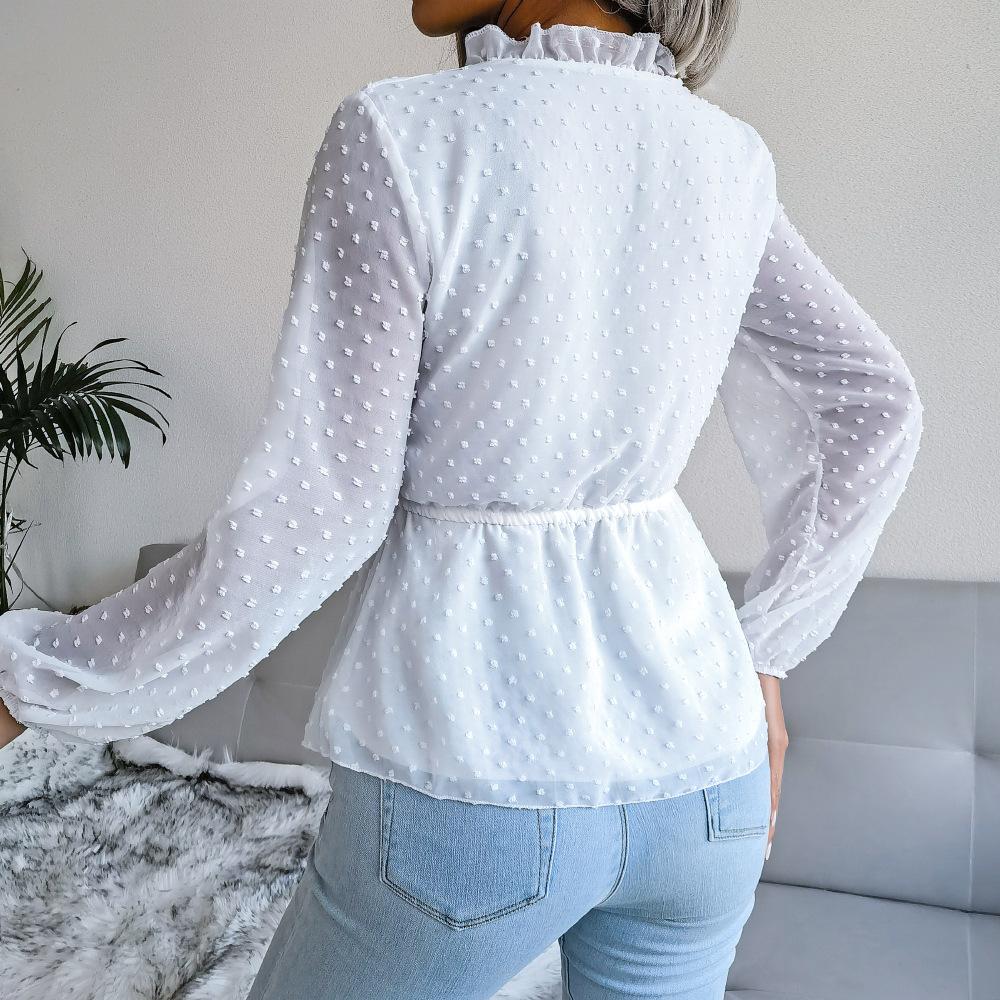 Casual Long Sleeve Chiffon Blouse V Neck Solid Color Summer Spring Waist Button Lantern Sleeve All Match Sizes S XL