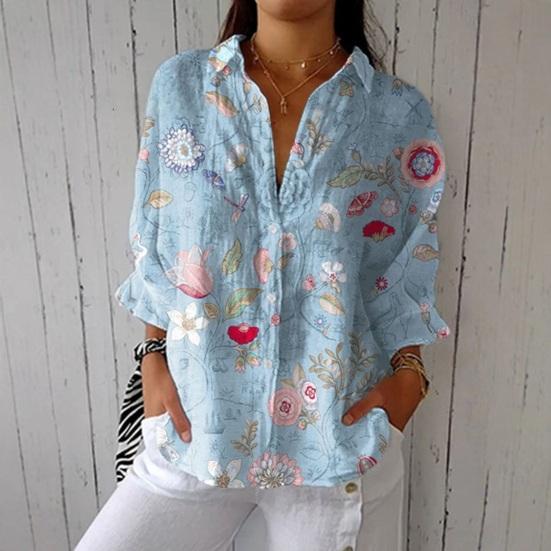Women Shirt Lapel Long Sleeve Buttons Placket Shirt Tops Loose Fit Mid-length Summer Floral Shirt Lightweight Casual Tops