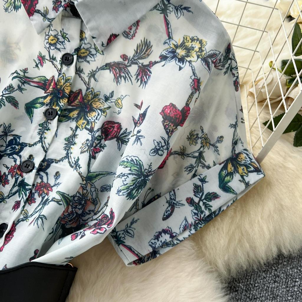 French Vintage Print Lapel Dress Women's Short Sleeve Floral Print High Waist Belt Office Lady Maxi Clothing Female