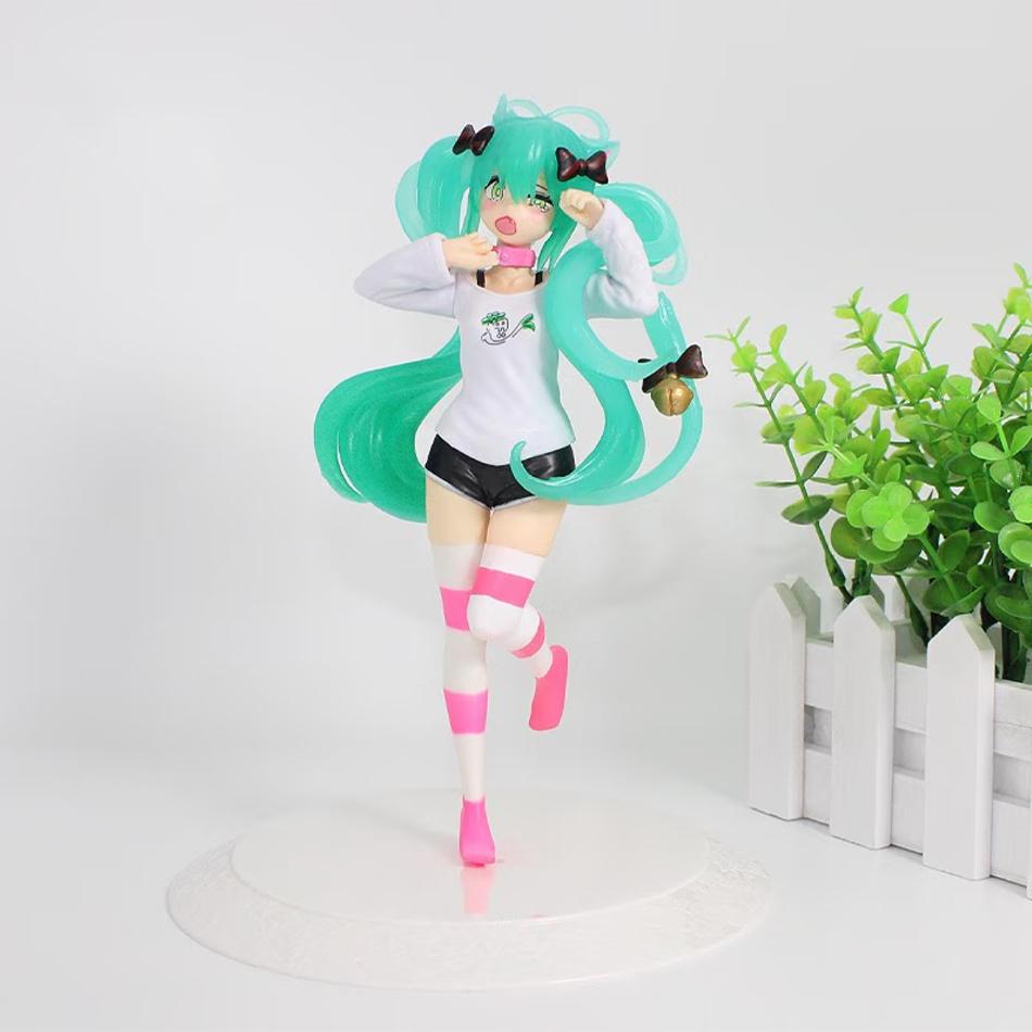 Hatsune Miku Model Anime Girl Figures Cat Ear Sitting Posture Short Sleeved Pajamas Figurines Car Decoration Doll Kids Toy Gifts