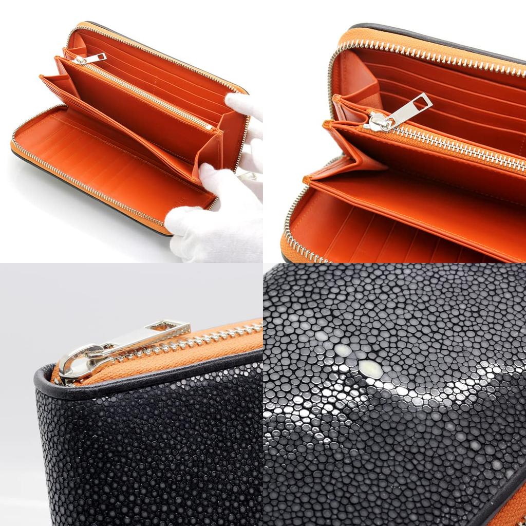 [Revetta] Stingray Leather Long Wallet with Round Zipper, Stingray and Galuchat Pattern, Orange Genuine Leather with Orange Leather Interior [195stw]