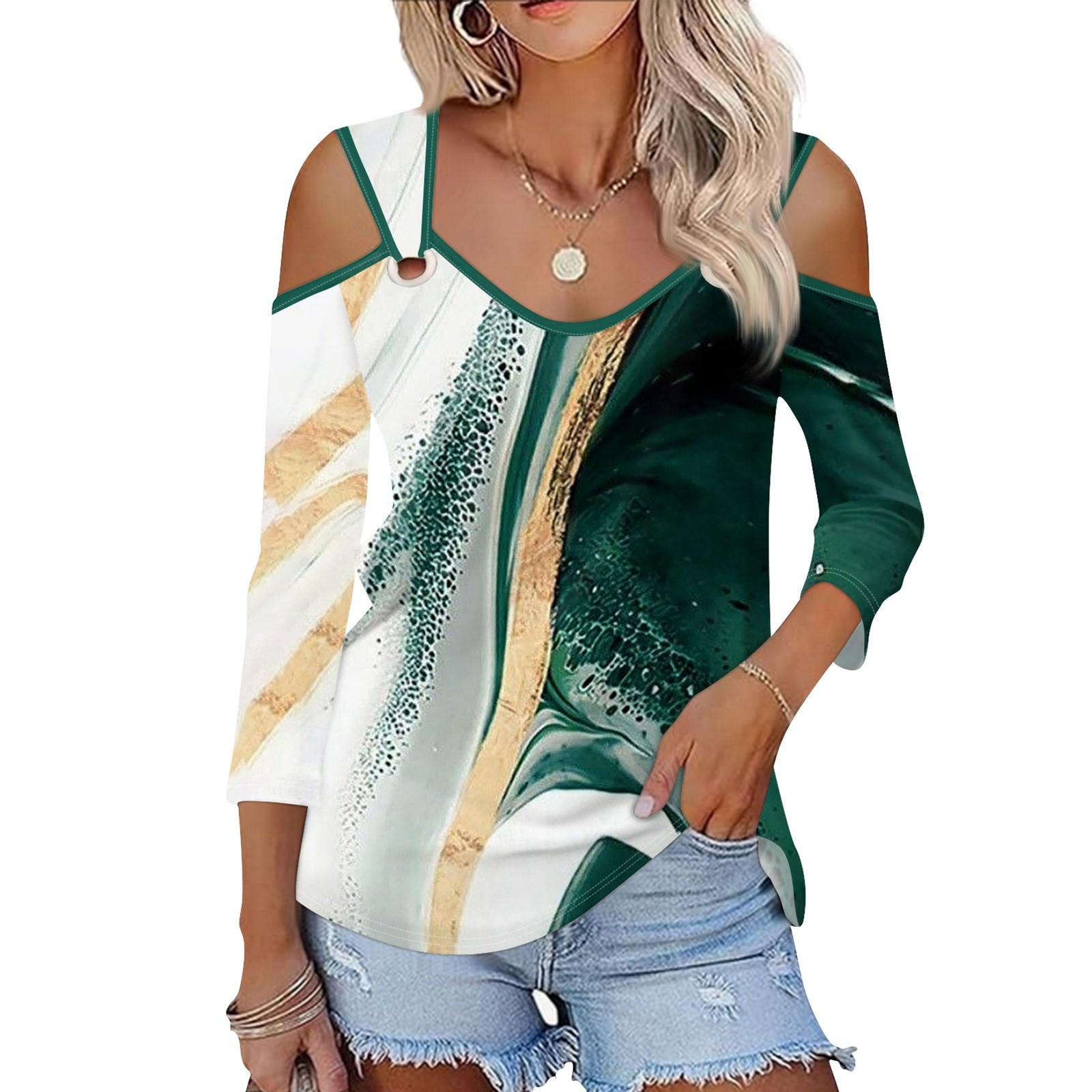 

Женская повседневная рубашка-блузка с v-образным вырезом и принтом, сексуальный топ с открытыми плечами и рукавами 3/4 L зелёный