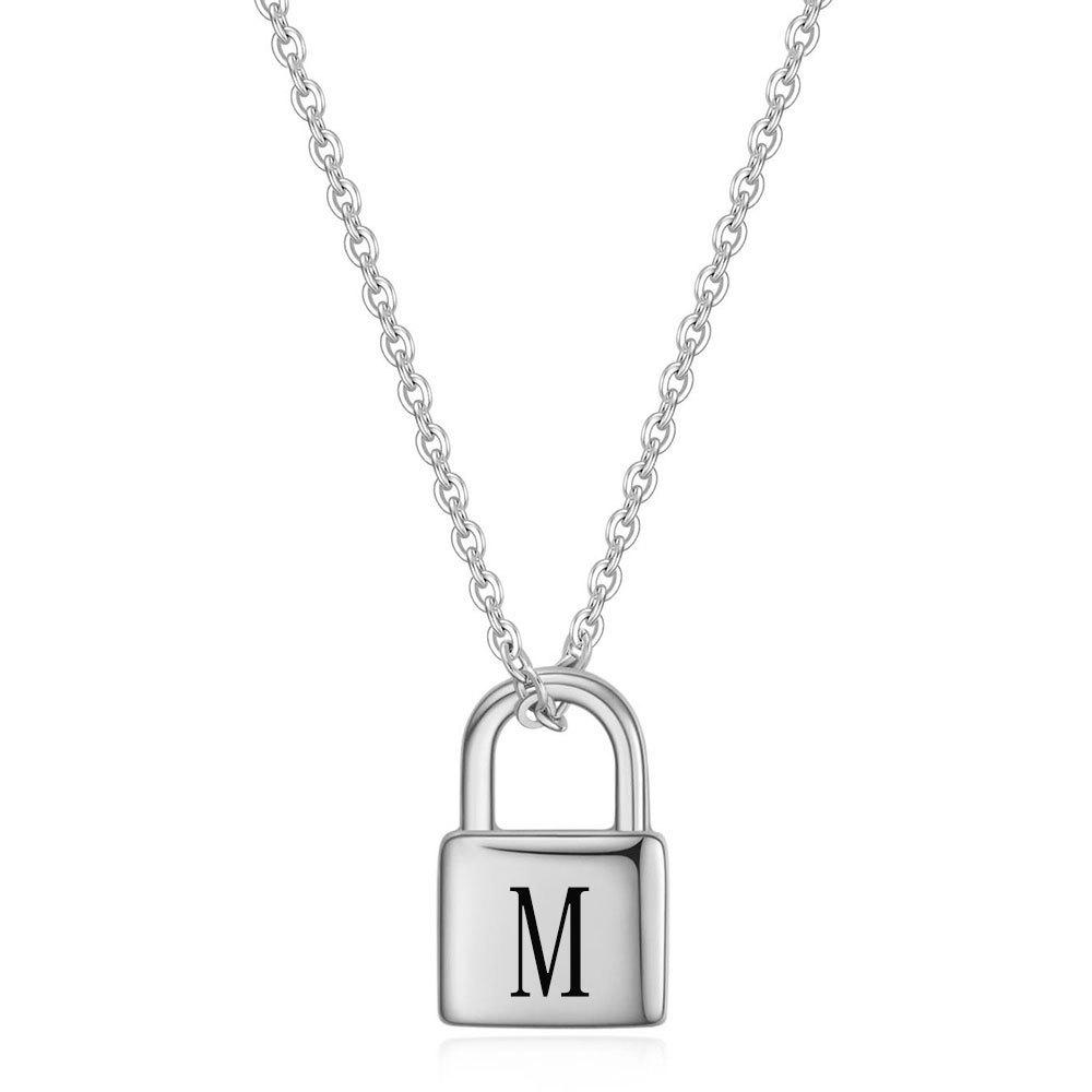 European 12MM Stainless Steel Engraved Letter Padlock Necklace for Women