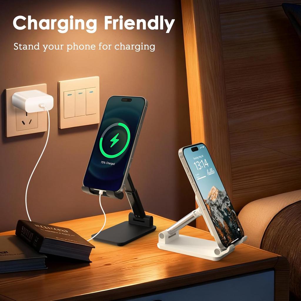 2 Pack Cell Phone Stand for Desk, Adjustable Angle & Height, Foldable Portable Phone Holder with Anti-Slip Silicone Pad, Compatible with iPhone