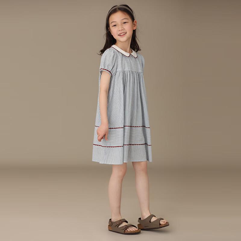Girls' Short Sleeve Doll Collar Pleated Academy Style Dress
