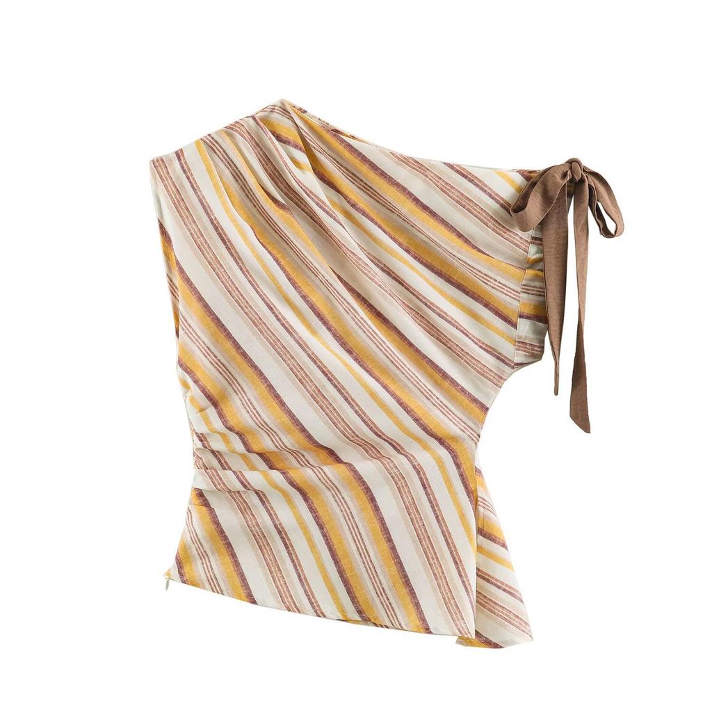European and American style, wholesale women's clothing, fashionable linen striped top + blended wide-leg pants 7057661