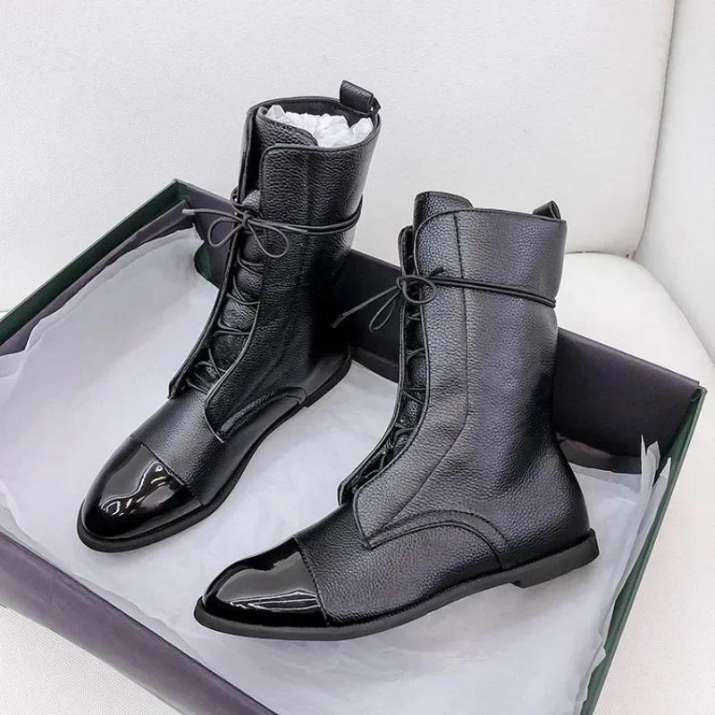Fashion Large Size Women's Boots New 2024 Mid Length Slim Boots Women's Black Thick Heel Platform Boots  Women Shoes
