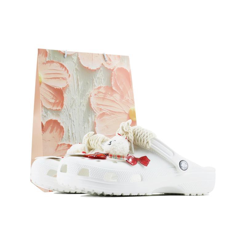 Crocs Classic clog SDS Cheese Tart Bow Sweet Girl Cute Cartoon Home Casual Beach Hole Shoes Unisex White