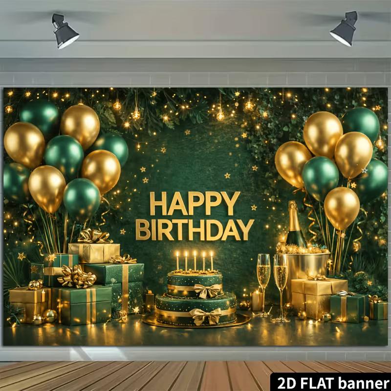 2D Green Gold Birthday Backdrop for Adult Party Photo Background