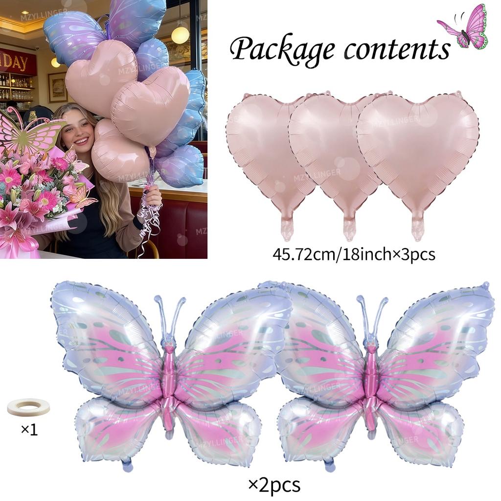 Schmetterlingsballon und Rosa Herzballon Set Cartoon Schmetterlingsförmiger Ballon für Innen- und Außendekoration Foto-Requisite