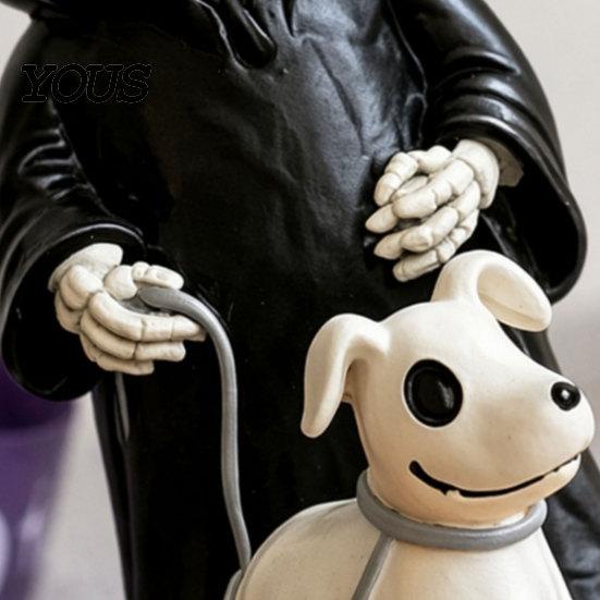 3D Carved Skeleton Decoration Grim Reaper & Ghostly Puppy Resin Figurine, Black Robed with Cute Mini Halloween Figurine 13cm Ghost Dog