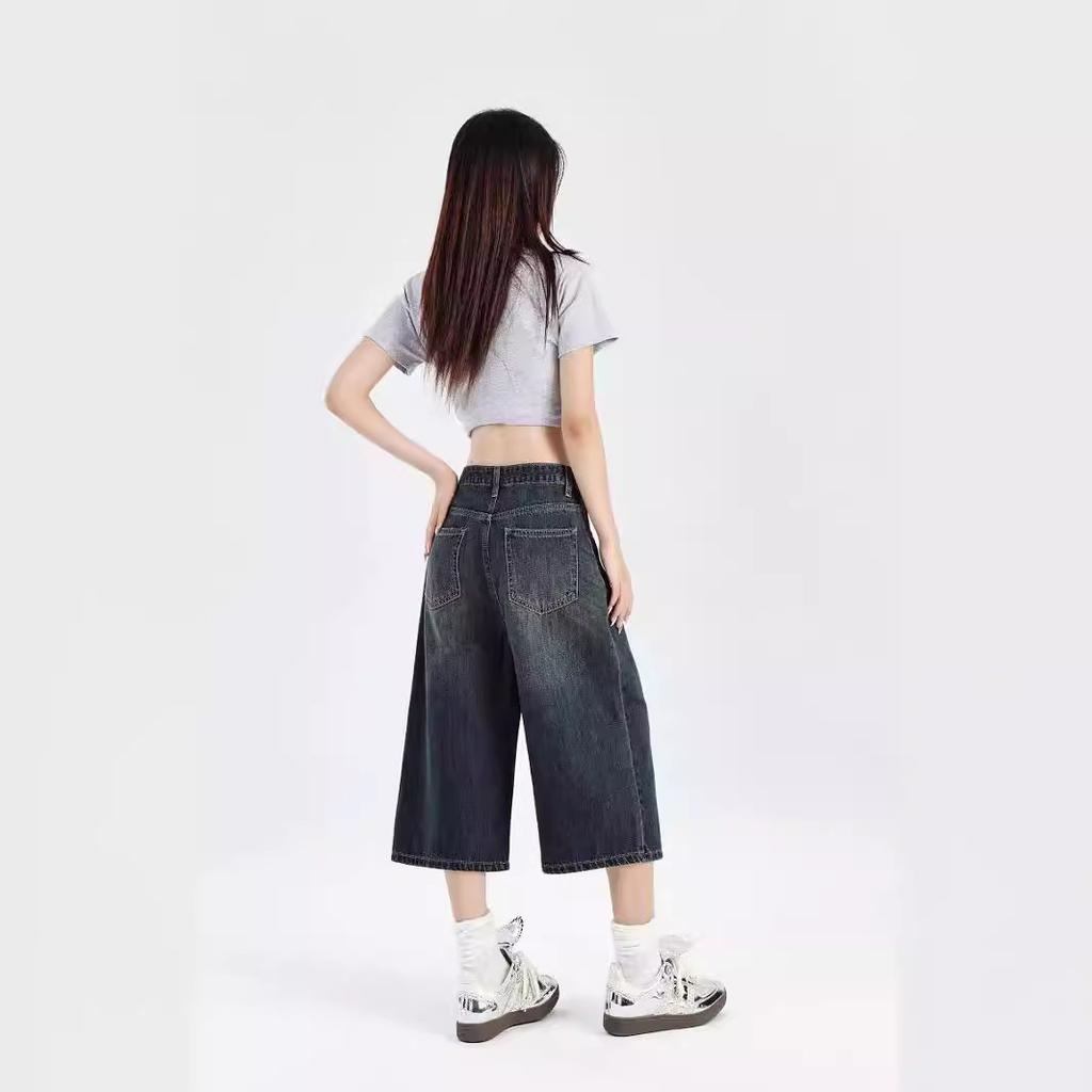 American loose wide-leg summer new retro old and thin seven-point jeans women's straight casual pants