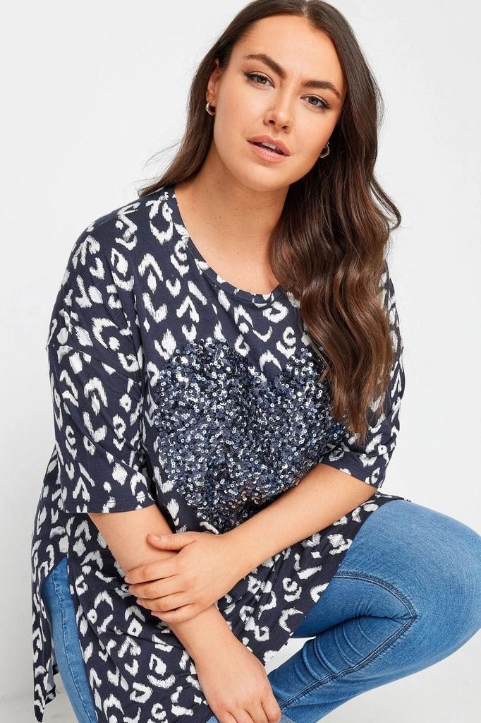 Damen Übergröße Bluse Plus Size Rundhalsausschnitt Paillettenbestickt Schlitzdetaillierte Bluse 303078
